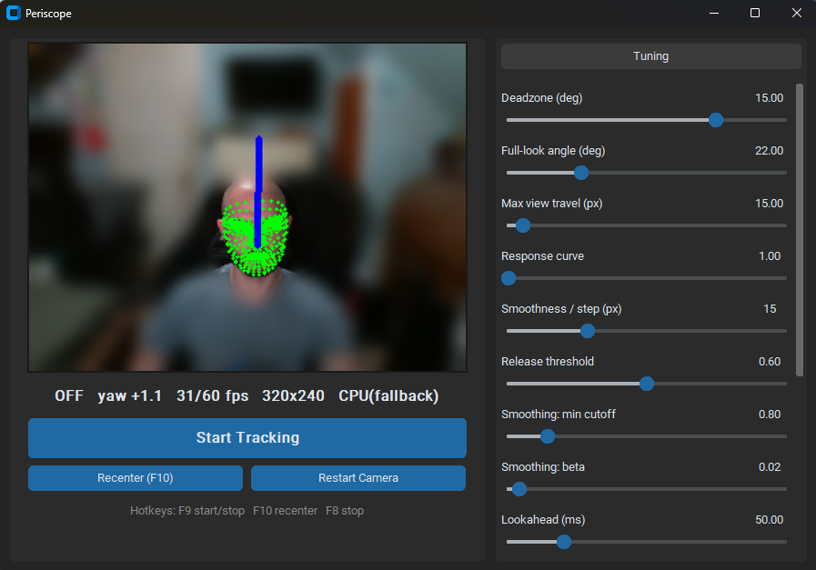 The Periscope app: live webcam preview with face-mesh overlay and yaw indicator, status bar, and the full tuning panel.